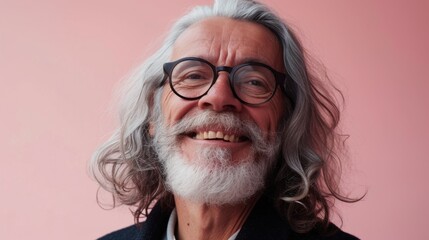 The image shows a man with a long gray beard and hair wearing glasses smiling warmly at the camera.