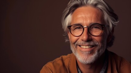 Smiling man with gray hair and glasses wearing a brown shirt against a dark background.