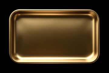 Gold metal plate rectangular smooth texture tray, empty, blank, on black background. Luxury presentation space. 