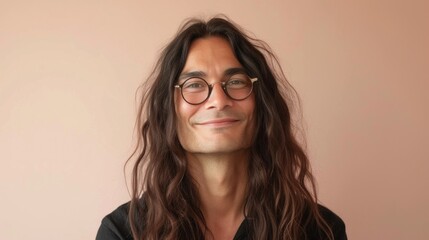 Man with long hair and glasses smiling against a pink background.