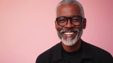 Obraz premium A smiling elderly man with white hair and a beard wearing glasses and a black shirt against a pink background.