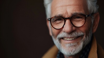 A close-up of an elderly man with a white beard and mustache wearing glasses smiling warmly at the camera. - 731174069
