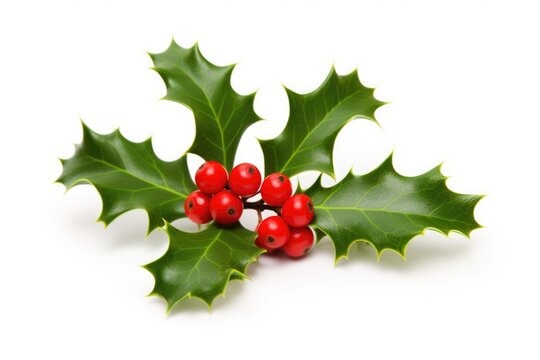 Magical Christmas Holly: Vibrant Red Berries and Green Leaves with Spiked Edges on a White