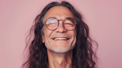 Smiling man with long hair and glasses against pink background.