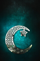 Eid Mubarak and Ramadan Kareem background, Half moon isolated on green texture background