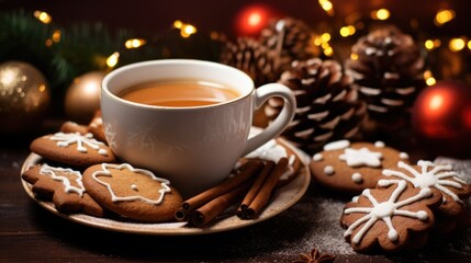 Obraz na płótnie Canvas Soft and Delicious Christmas Cookies and Hot Chocolate with Natural Spices and Sweet Aroma