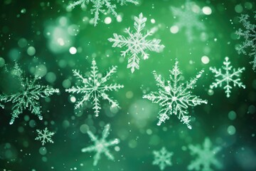 Green Snowflakes. Winter and Christmas Themed Frame with Green Snowflakes Falling on a Frosty
