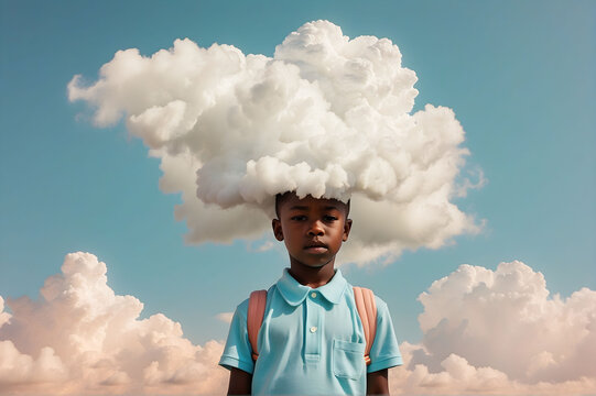 Young African boy has a cloud on his head shows that he is dreaming or thinking. Surreal creative photography. Pastel blue colors.
