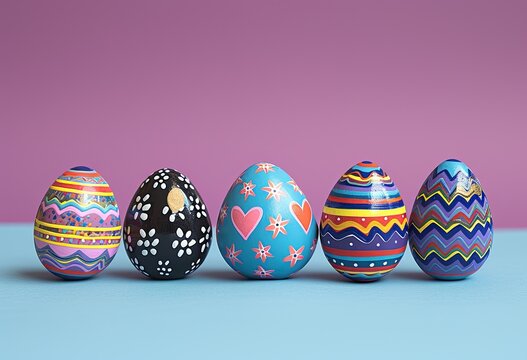 A multicolored background with Easter eggs resting on it, providing space for text. The image was created using a combination of human hands and artificial intelligence technology. 