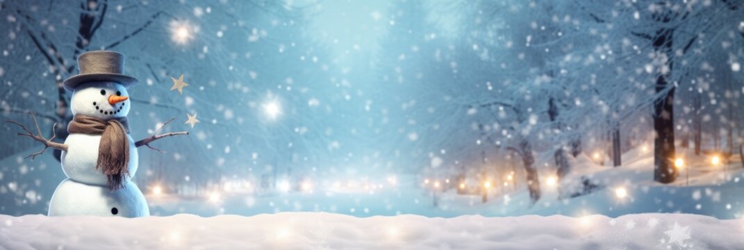 Winter Wonderland with a Happy Snowman, Christmas Lights and Falling Snow in a Beautiful Blue