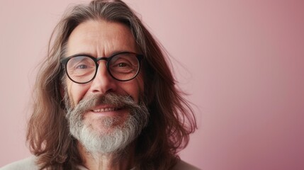 A man with long gray hair a beard and mustache wearing glasses smiling at the camera against a pink background.