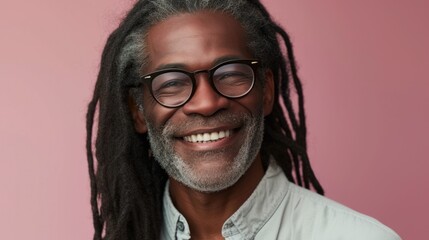 Smiling man with long gray dreadlocks wearing glasses and a light-colored shirt against a pink background.