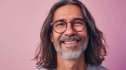 Smiling man with gray beard and hair wearing glasses against pink background.
