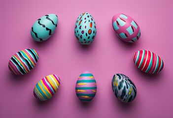 Fototapeta na wymiar A multicolored background with Easter eggs resting on it, providing space for text. The image was created using a combination of human hands and artificial intelligence technology. 