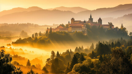 Old beautiful castle on hilltop, foggy sunrise - Powered by Adobe