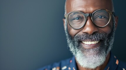 Smiling man with gray beard and glasses wearing blue patterned shirt.