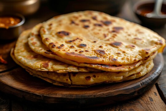 Puran poli on wooden plate. Traditional Indian cuisine. Hindu New Year, Gudi Padwa, Ugadi holidays. Design for banner, poster