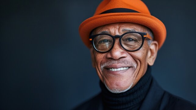 A man with a warm smile wearing a vibrant orange hat and glasses exudes a sense of joy and style.