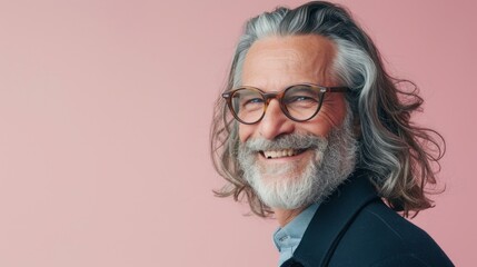 A man with a gray beard and long hair wearing glasses smiling against a pink background.