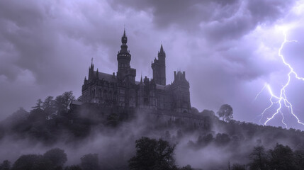 Gloomy vampire castle in thunderstorm