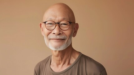 Balding man with white beard and glasses wearing brown shirt smiling against beige background. - obrazy, fototapety, plakaty