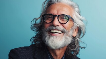 Smiling man with gray beard and hair wearing glasses against blue background.