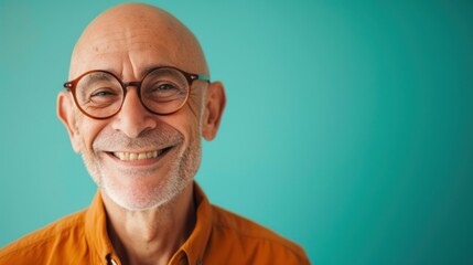 Smiling bald man with glasses in orange shirt against blue background.