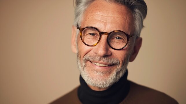 A man with a gray beard and glasses wearing a brown turtleneck smiling at the camera.