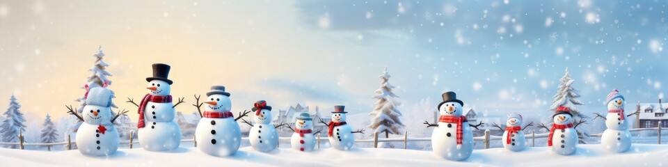 Winter Wonderland: Merry Christmas and Happy New Year Greeting Card with Copy-Space. Many Snowmen
