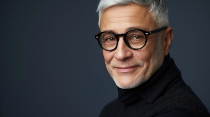 Fototapeta na wymiar A man with gray hair wearing glasses smiling and dressed in a black turtleneck against a dark background.