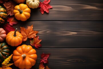 Happy Thanksgiving Greeting with Colorful Pumpkins, Squash, and Leaves on Dark Wooden Background