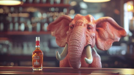 Fotobehang Pink elephant with hard liquor in restaurant - alcoholism, alcohol psychosis concept © Kondor83