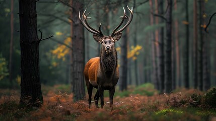 Full body of majestic red deer stag in Forest