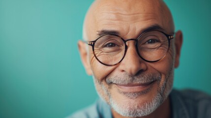 Smiling man with glasses and gray beard against teal background. - 731174890