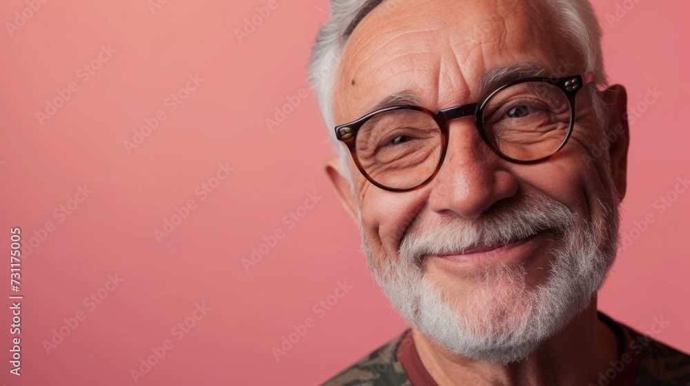 Sticker The image shows a man with a white beard and mustache wearing glasses smiling at the camera against a pink background.