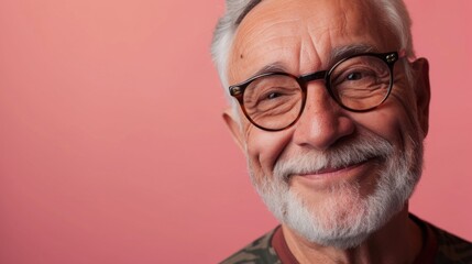 The image shows a man with a white beard and mustache wearing glasses smiling at the camera against a pink background.