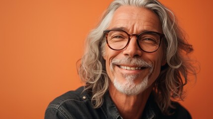Smiling man with gray hair glasses and beard wearing a dark shirt against an orange background.