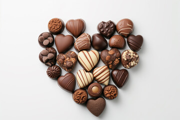 Heart made of different tasty chocolate candies on a white background