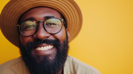 Smiling man with beard and glasses wearing a brown hat against a yellow background.
