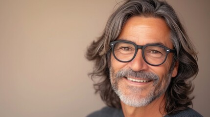 A man with a gray beard and hair wearing black glasses smiling at the camera with a warm and...