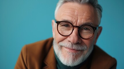 A smiling elderly man with white hair and glasses wearing a brown jacket against a blue background.