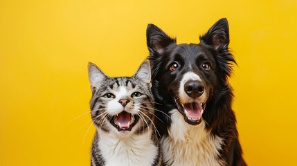 Grey striped tabby cat and a border collie dog with happy expression together on yellow background