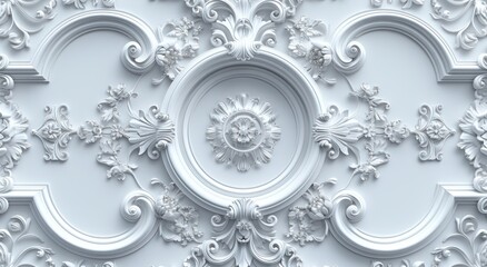 Victorian-style white decorative elements on 3D ceiling wall wallpaper, complemented by a frame-like background. - obrazy, fototapety, plakaty