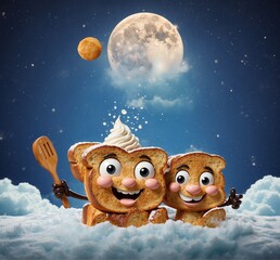 Three funny toasts in the snow with the moon in the background