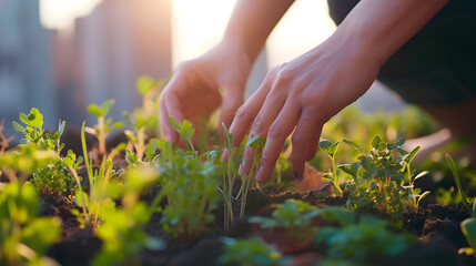 Fototapeta premium Hands holding herbs on a balcony. Rooftop Gardening