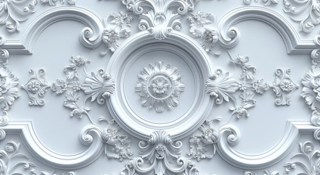 Fototapeta Victorian-style white decorative elements on 3D ceiling wall wallpaper, complemented by a frame-like background.