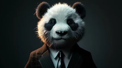 Poster Im Rahmen humanized panda in suit and tie on dark background © Emma
