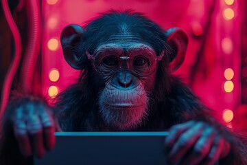 A tech-savvy great ape embraces the digital age, sporting glasses and a laptop in the comfort of its indoor habitat
