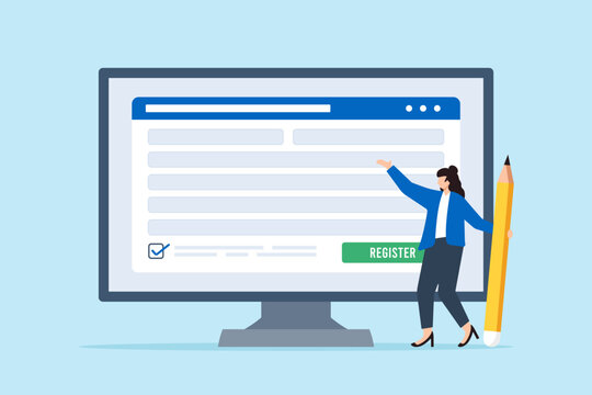 Businesswoman complete online registration form with pencil