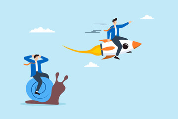 Businessman winner riding rocket, another on slow snail
